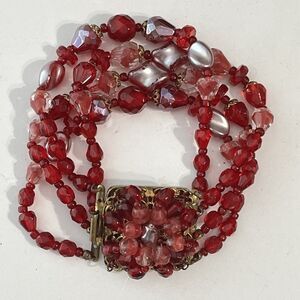 Germany Art Glass Bracelet Red 4 Strand Brass Slide Filigree Post WWII VTG 1940s